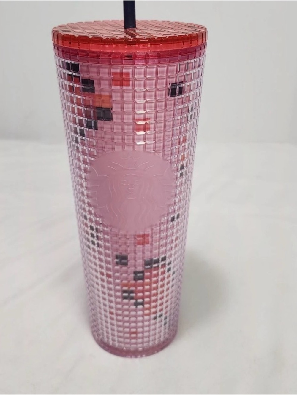2025 STARBUCKS VALENTINES DAY Pink/Red PIXEL HEARTS GRID 24oz Tumbler Cup